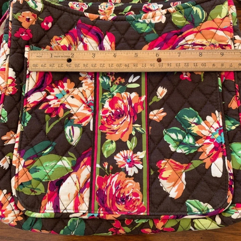 Vera Bradley Quilted Floral Crossbody Messenger Bag Brown Pink Green Pockets